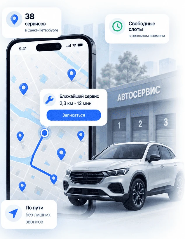 Выбор ближайшего автосервиса по маршруту Схема выбора 1–2 подходящих автосервисов по маршруту среди 38 точек сети